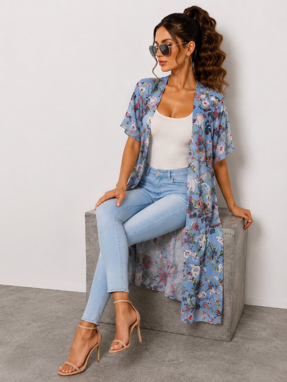 Light Blue Floral Maxi Duster Cardigan Belted Vacation NWT